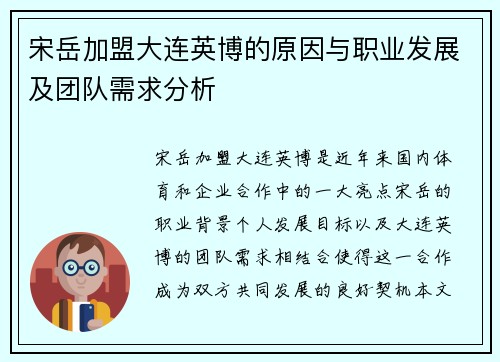 宋岳加盟大连英博的原因与职业发展及团队需求分析