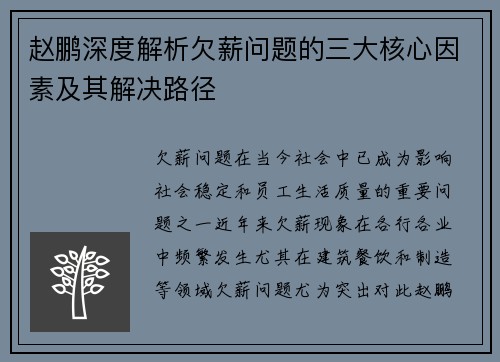 赵鹏深度解析欠薪问题的三大核心因素及其解决路径